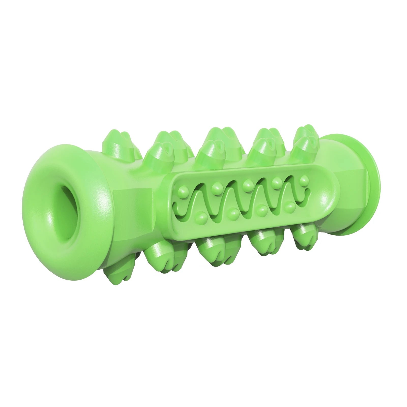 Green textured dog chew toy with grooves and raised nubs on a white background