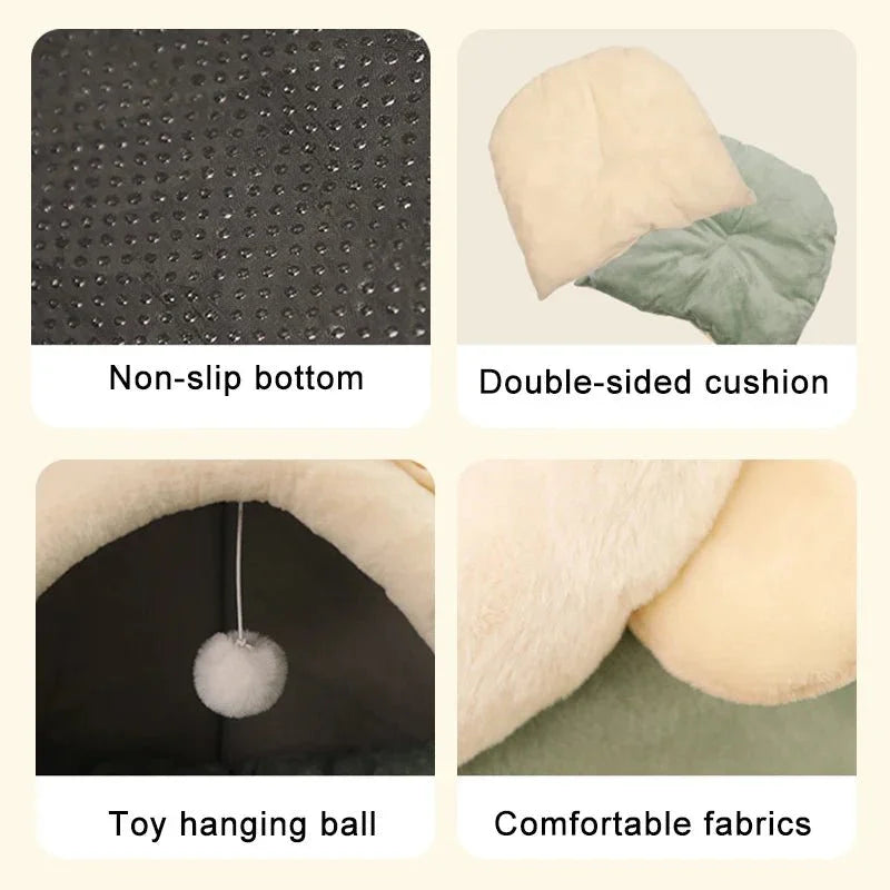 Pet bed features non-slip bottom, double-sided cushion, toy hanging ball, comfortable fabrics