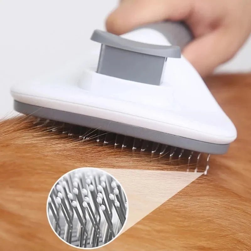Pet grooming brush with metal bristles used on brown fur, close-up detail inset