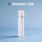 White MewooFun pet hair trimmer, 15cm tall, 3.2cm wide, on blue background