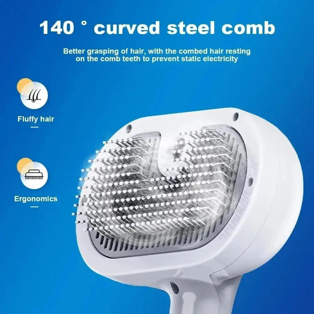 140° curved steel comb for fluffy hair, ergonomic handle, anti-static, blue background