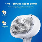 140° curved steel comb for fluffy hair, ergonomic handle, anti-static, blue background