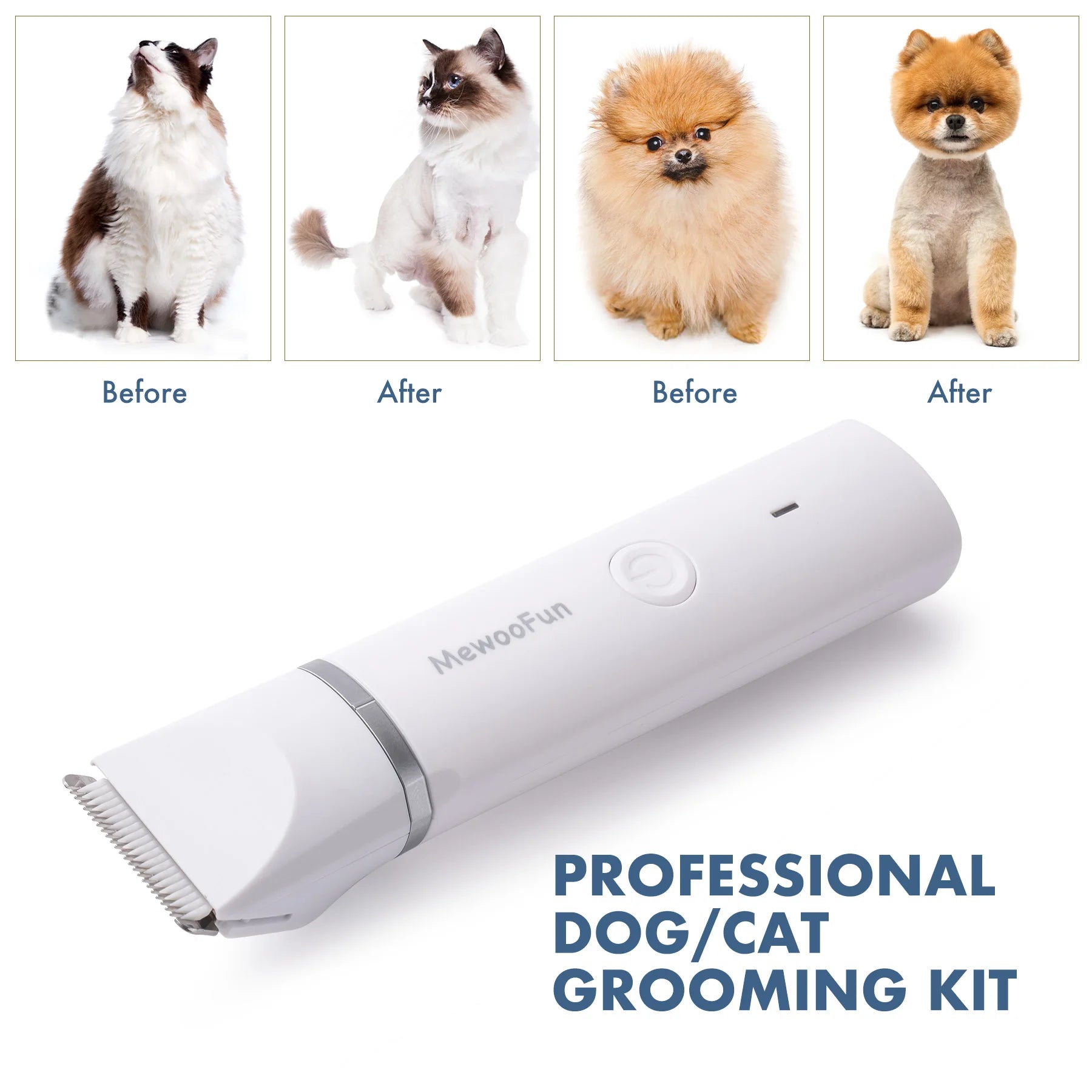 Pet grooming kit with before and after photos of cat and dog haircuts, MewooFun clipper