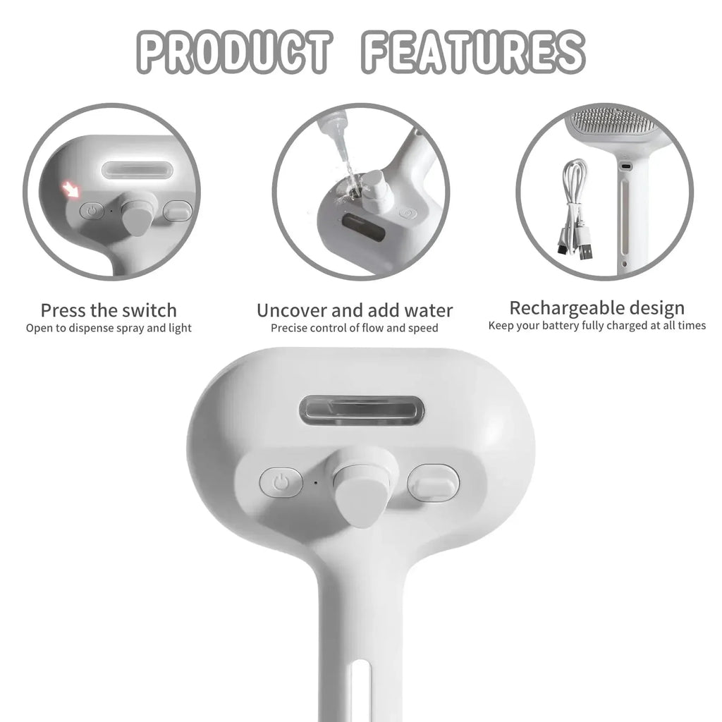 White handheld sprayer with switch, water fill, and USB rechargeable design features.