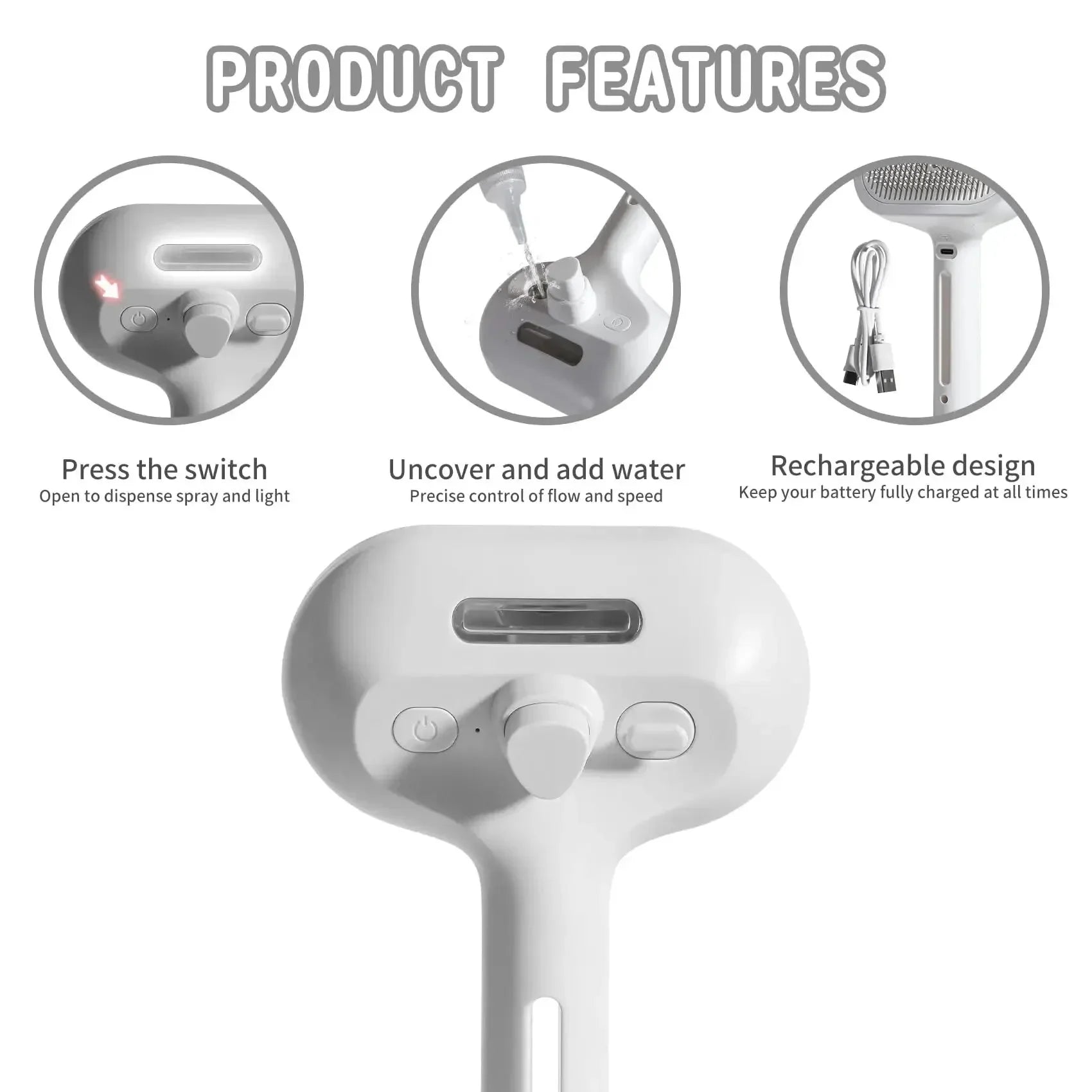 White handheld sprayer with switch, water fill, and USB rechargeable design features.