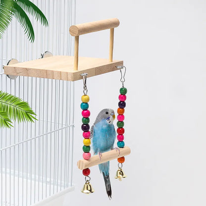 Beaded Bliss Birdie Swing: Wooden Perch & Play Paradise for Parrots and Budgies Set B