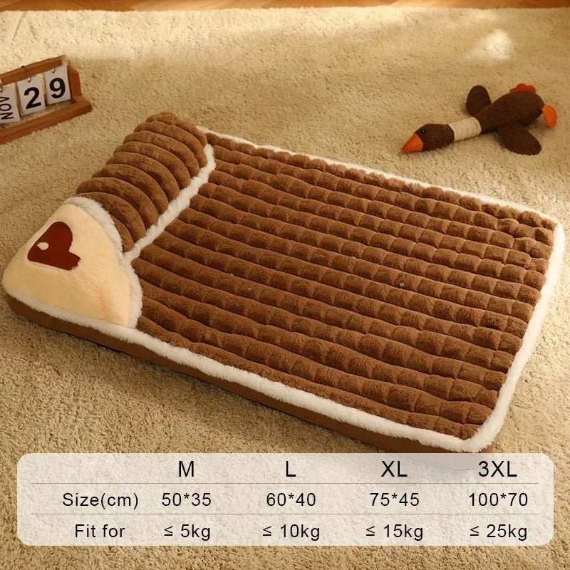 Brown plush dog bed with heart design on carpet, shown with size chart and dog toy.