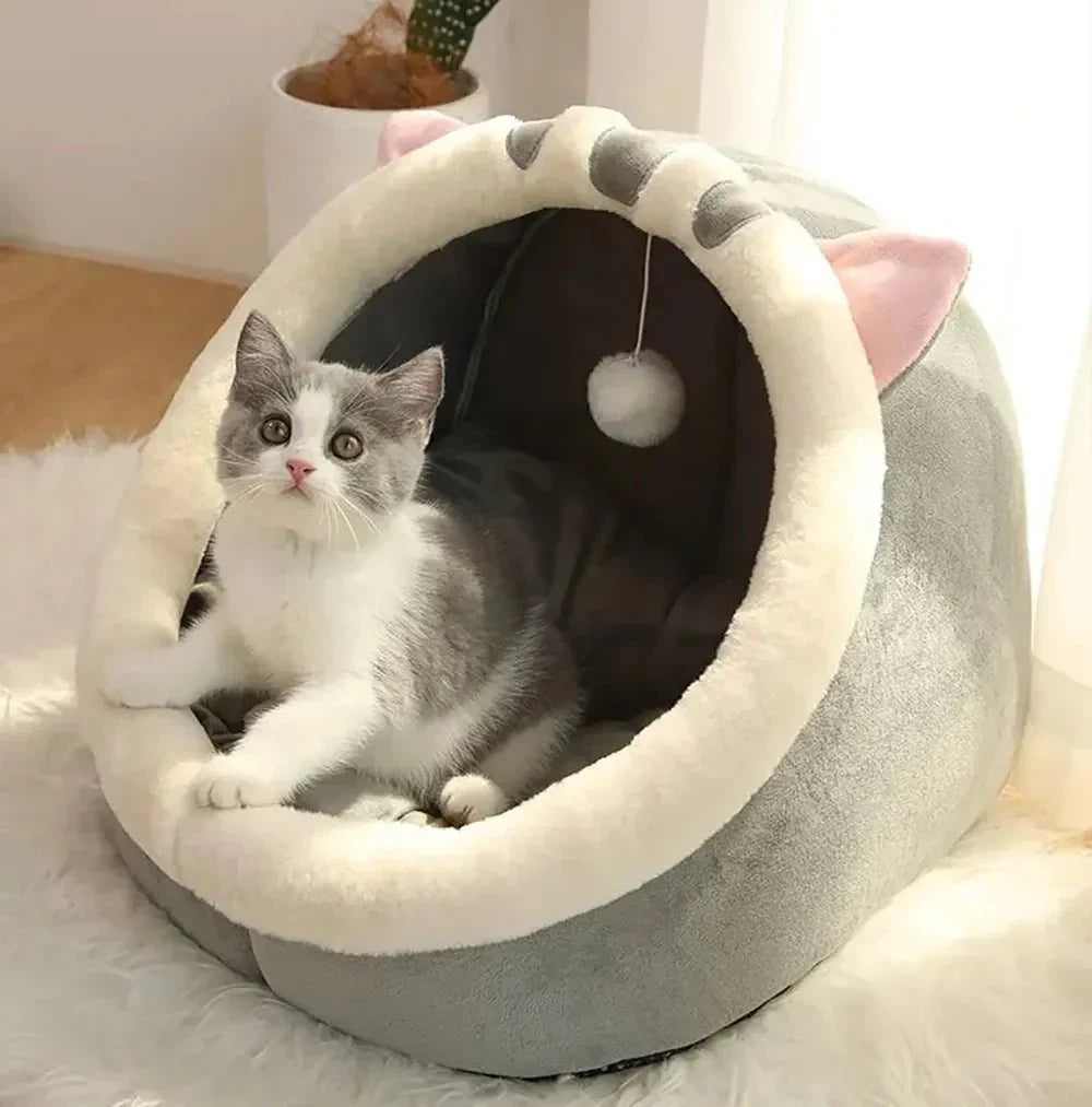 Gray and white kitten in a plush cat ear pet bed with hanging pompom toy