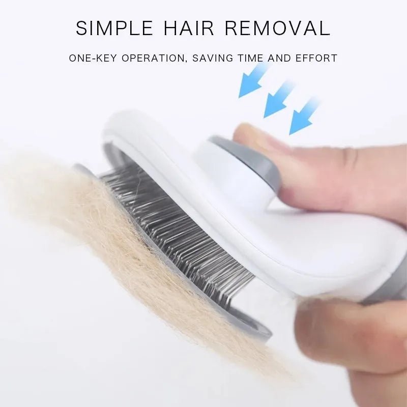 One-key pet hair removal brush with collected fur, easy grooming tool demonstration