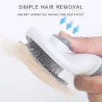 One-key pet hair removal brush with collected fur, easy grooming tool demonstration