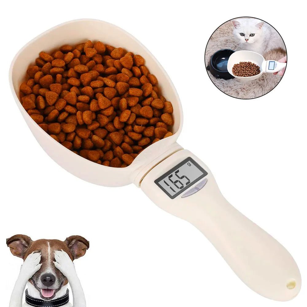 Digital pet food measuring scoop filled with kibble, cat and dog feeding scene inset