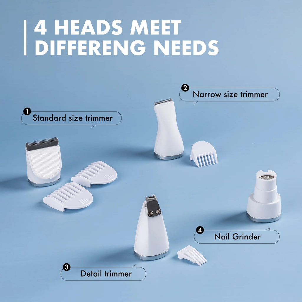 Four interchangeable trimmer heads and guards for grooming, labeled standard, narrow, detail, and nail grinder, on a blue background.