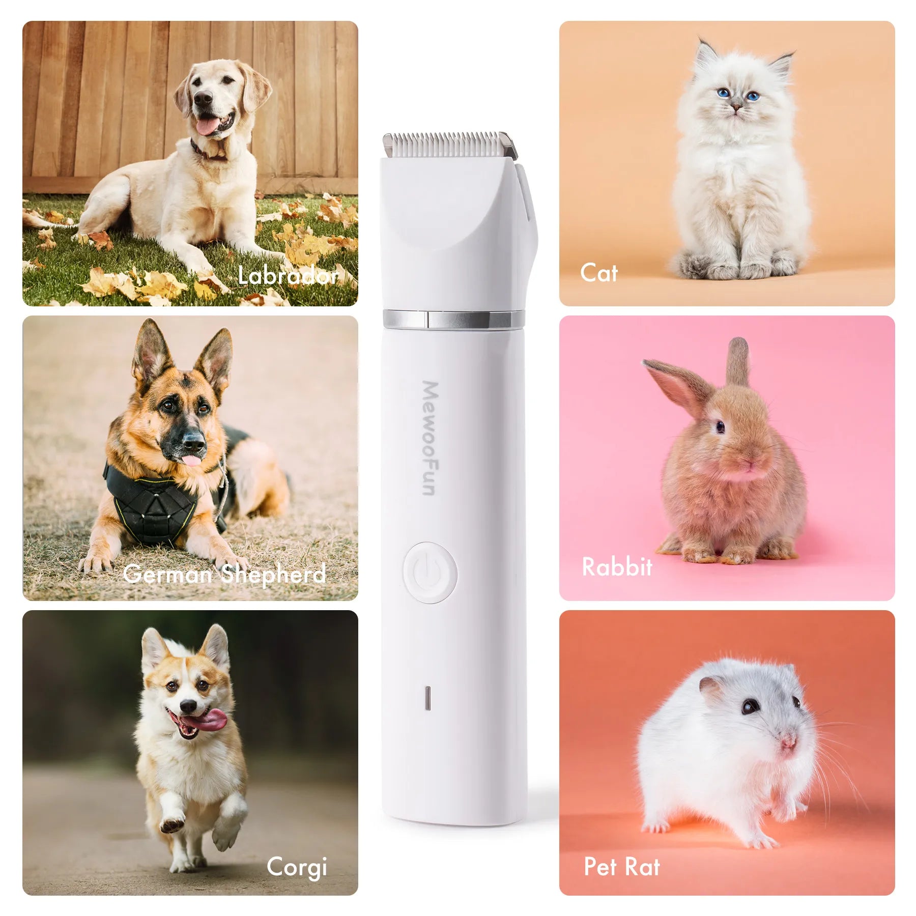 Pet grooming clipper with images of Labrador, German Shepherd, Corgi, cat, rabbit, pet rat