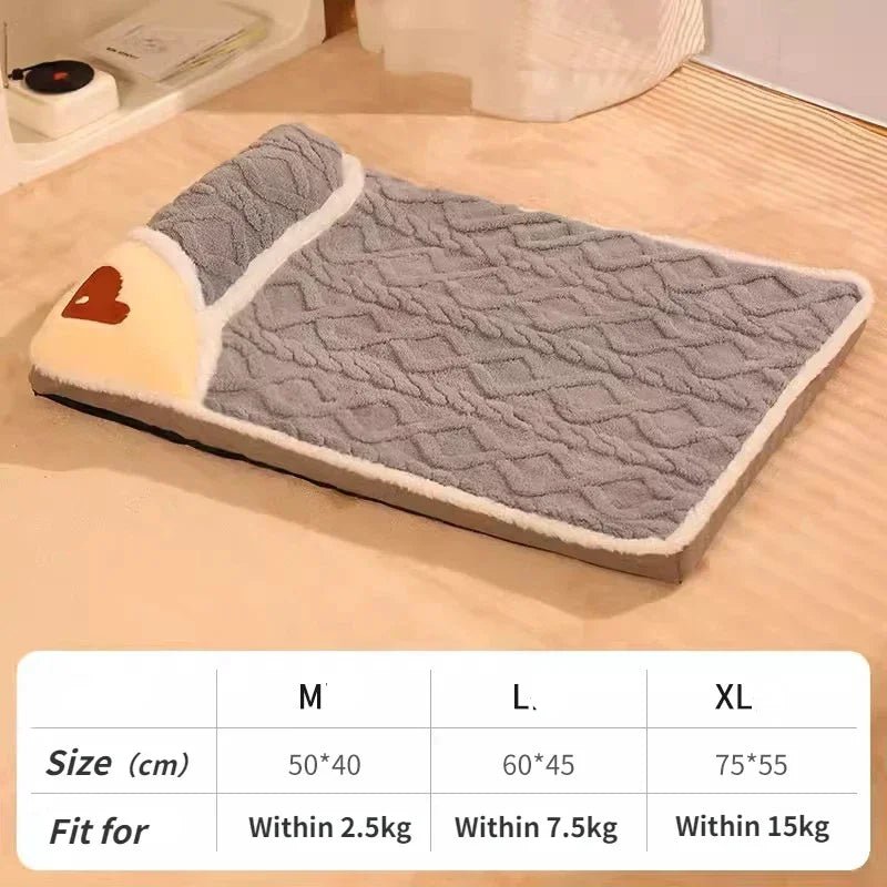 Gray quilted pet blanket with white trim, heart detail, and size chart for cats and dogs.