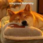 Shiba Inu dog sleeping on a plush pillow with 'Integrated Reliability' text above