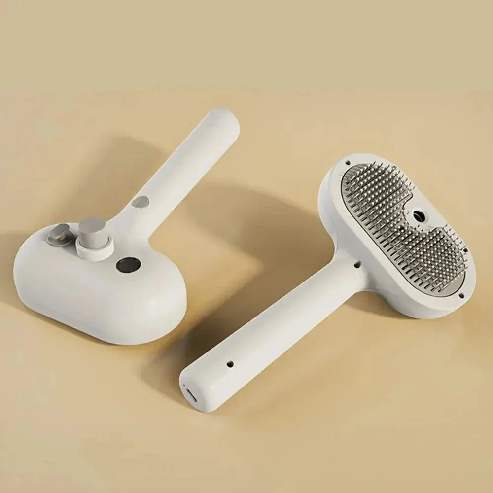 White pet grooming brush with self-cleaning mechanism on beige background