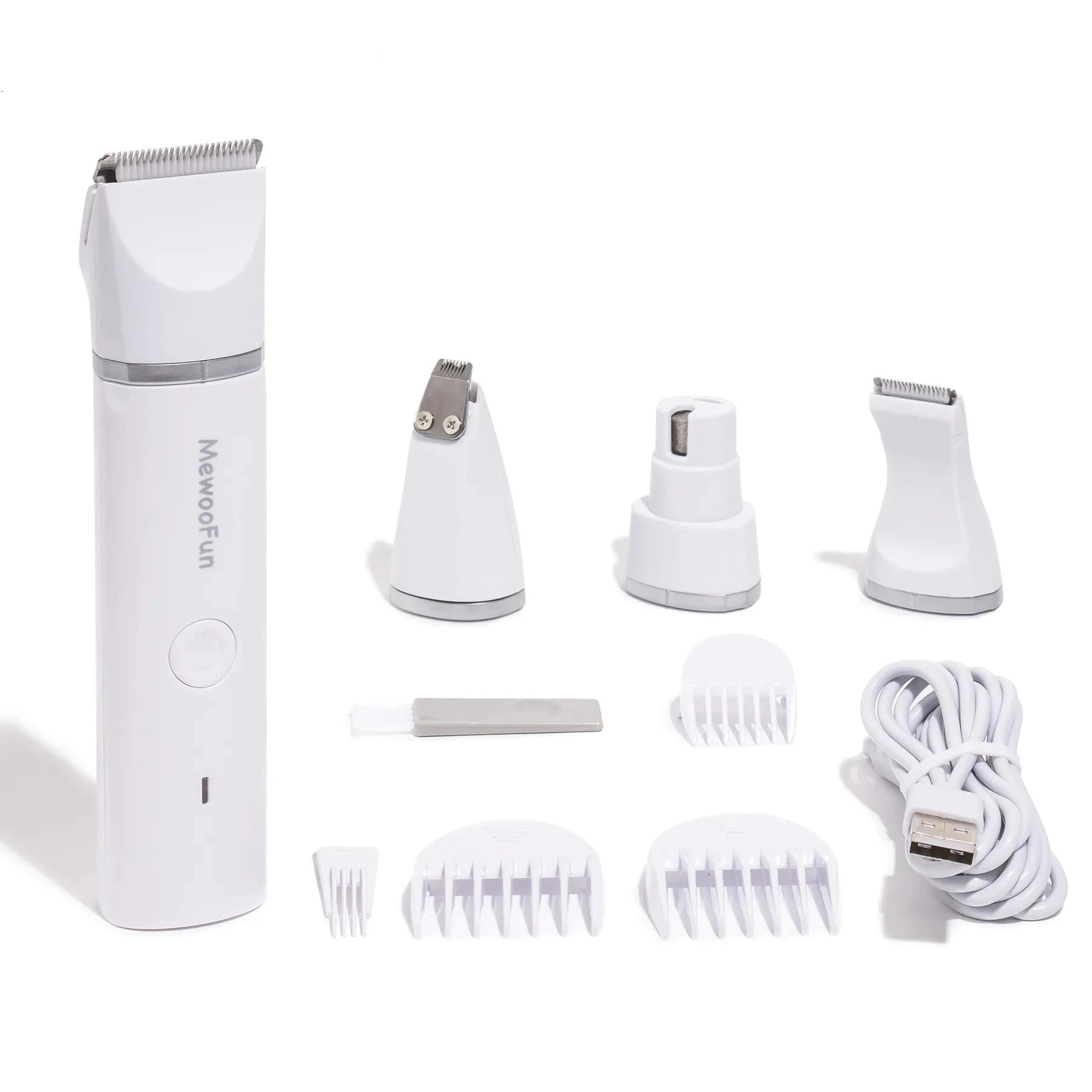 Mewoofun pet grooming kit with white electric trimmer, clipper heads, combs, USB cable