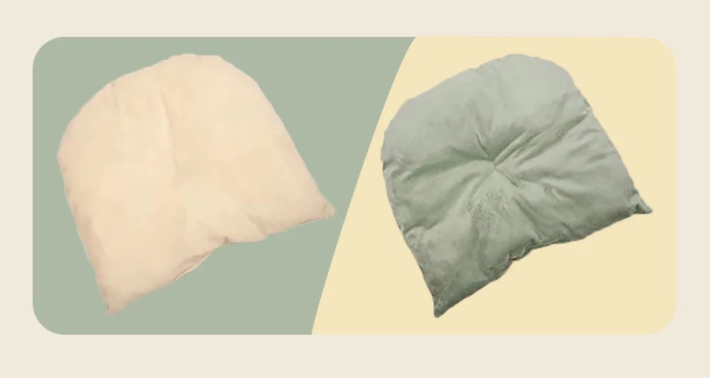 Two soft seat cushions, one beige and one light green, on split color background