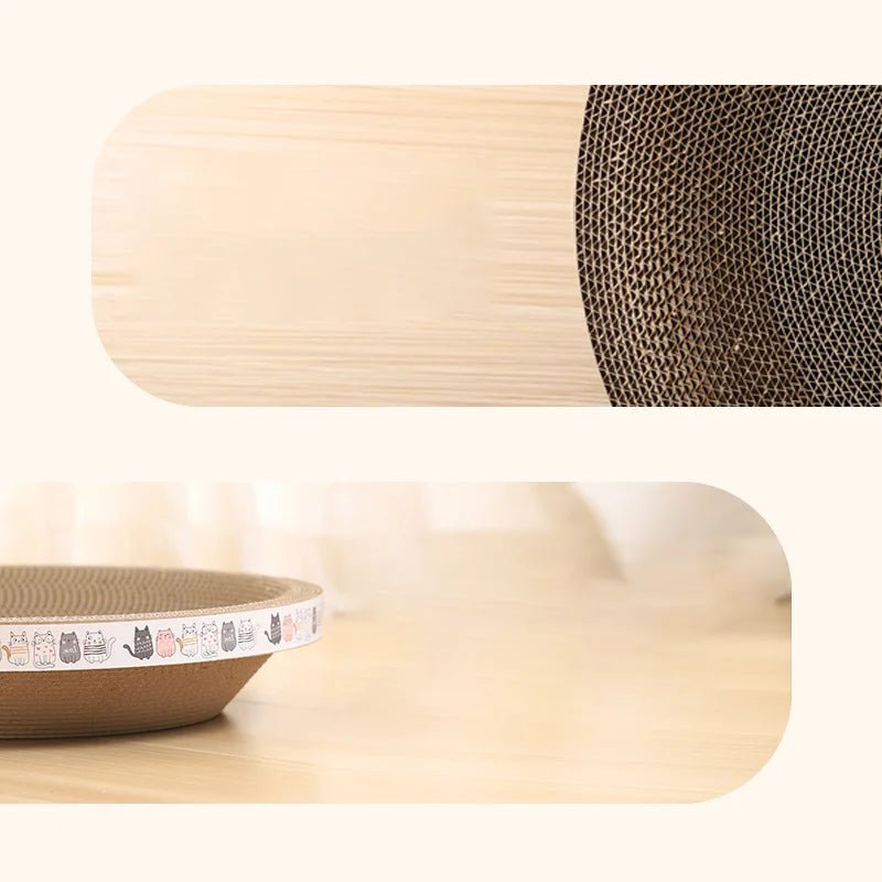 Round cardboard cat scratcher bed with cute cartoon cat print, on light wood floor