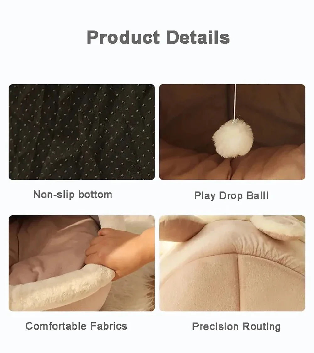 Pet bed product details showing non-slip bottom, play drop ball, soft fabrics, precision stitching