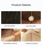 Pet bed product details showing non-slip bottom, play drop ball, soft fabrics, precision stitching