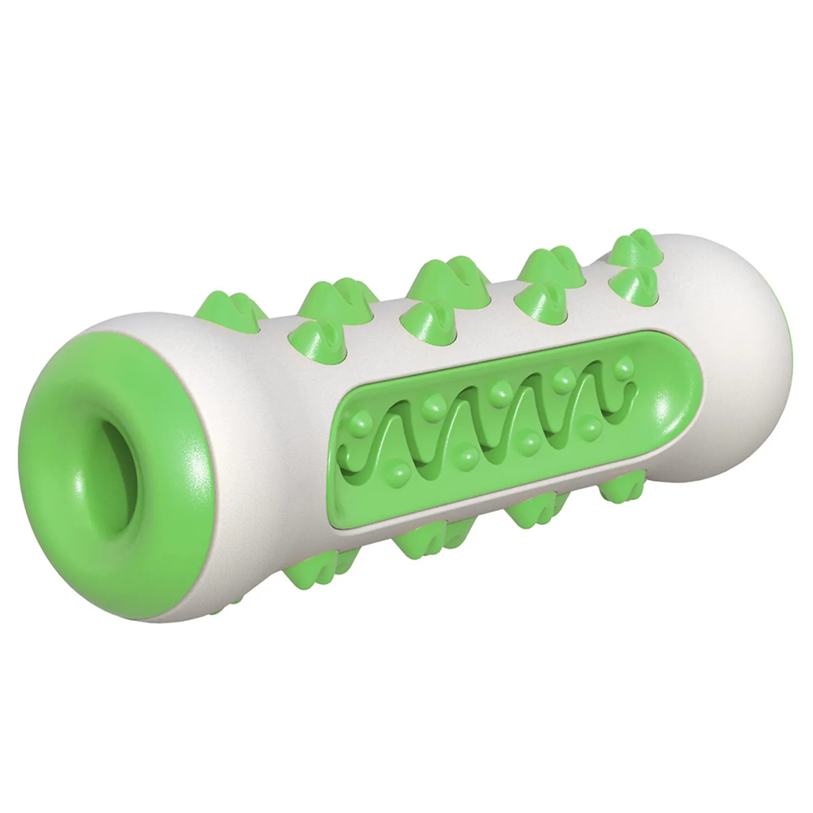 Green and white dog chew toy with textured spikes and ridges on a white background