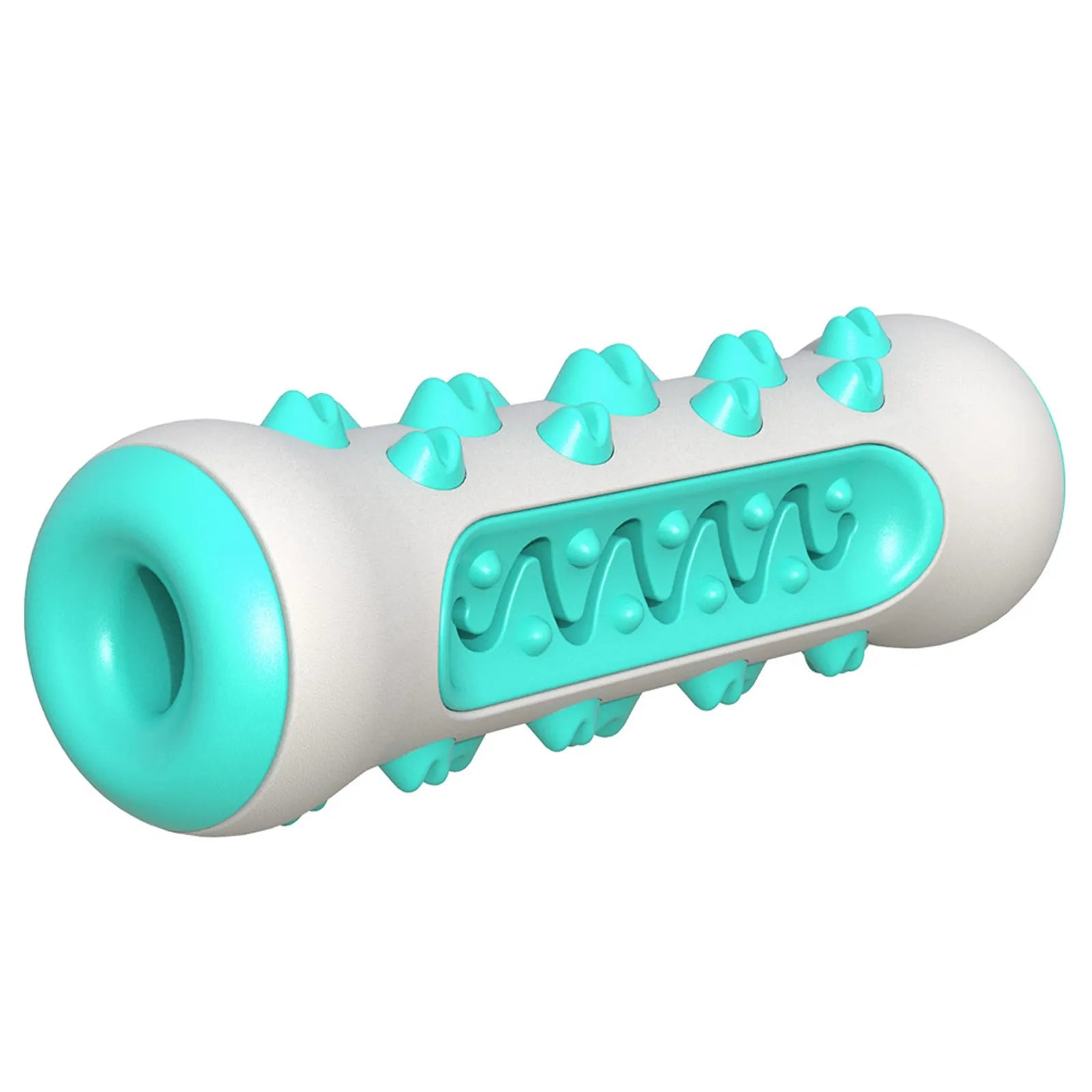 Blue and white rubber dog chew toy with textured bumps and grooves