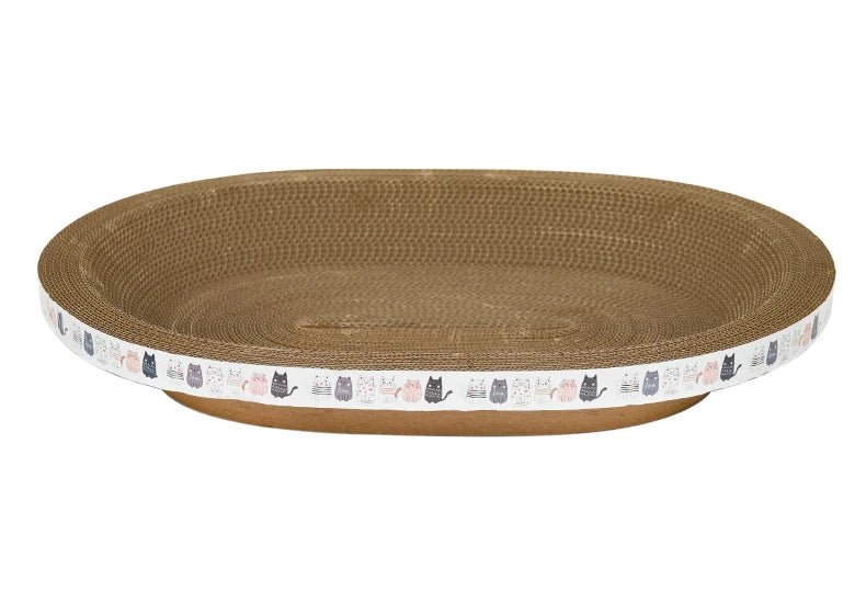 Oval cat cardboard scratcher bed with cartoon cat pattern on white border