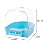 Blue plastic bird bath with transparent cover, dimensions 13.5x13.7x13.5 cm