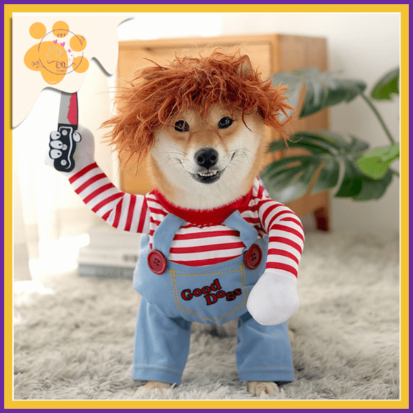 Shiba Inu in Chucky costume with red wig, striped shirt, and overalls holding toy knife indoors