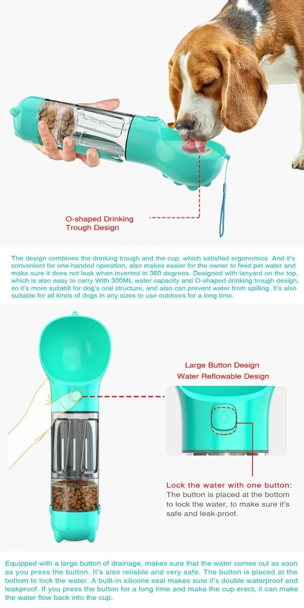 Dog drinking from turquoise portable pet water bottle with food compartment and O-shaped trough.