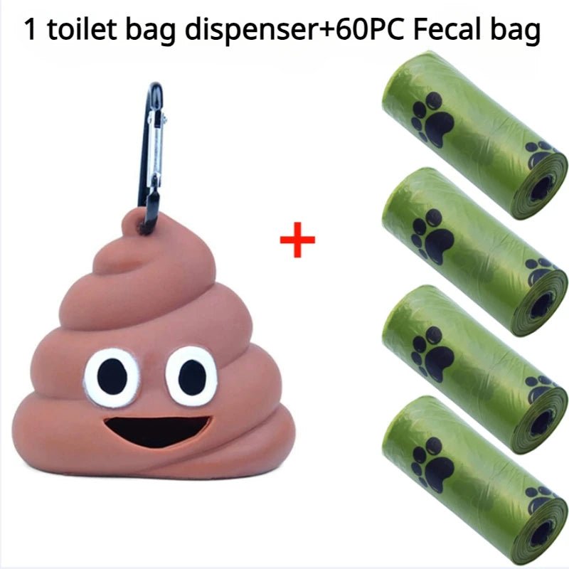Poop emoji dog waste bag dispenser with carabiner and three rolls of green paw print bags
