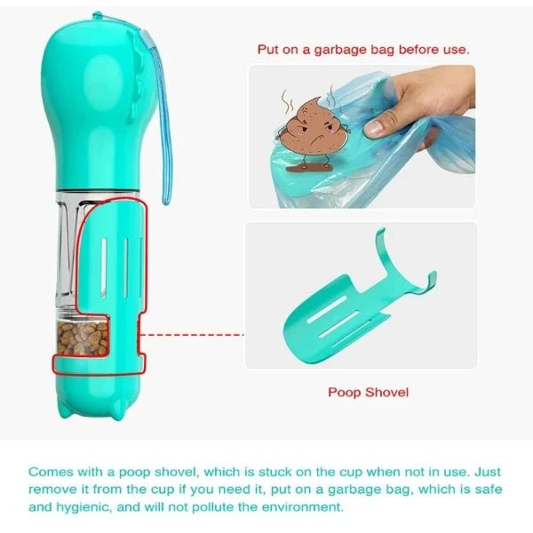 Portable turquoise dog poop scoop with attached poop shovel and garbage bag instructions