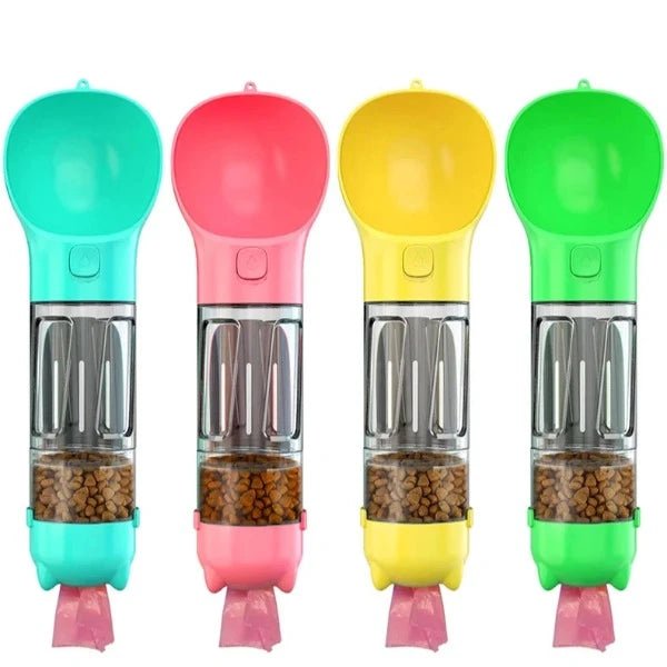 Colorful portable pet water bottles with food compartments in turquoise, pink, yellow, and green