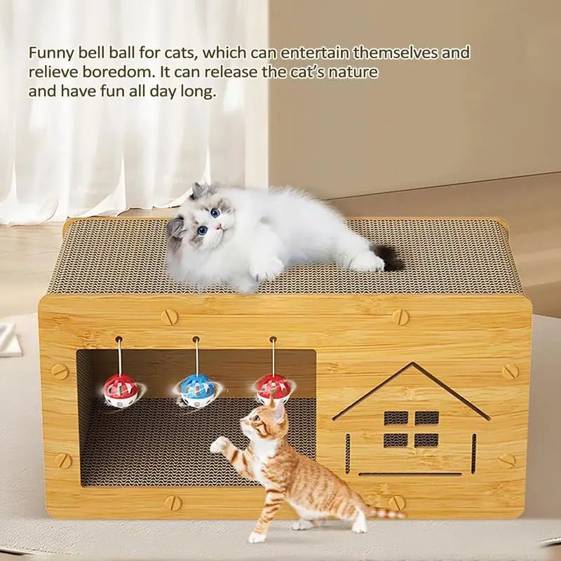 Cats playing with wooden cat scratcher house toy with hanging bell balls in living room.