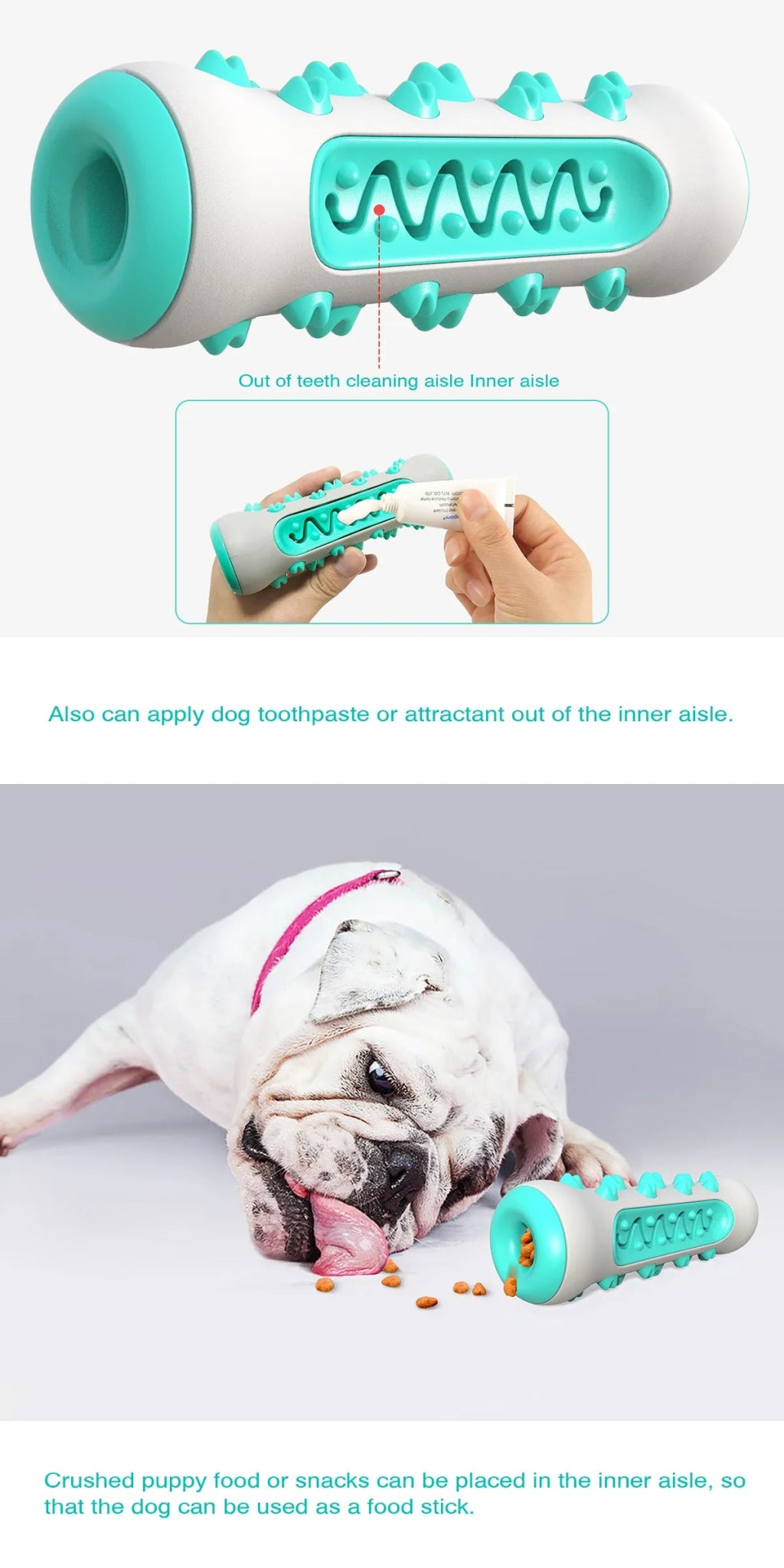 Bulldog licking food near a blue and white dog chew toy with textured bristles and treat compartment