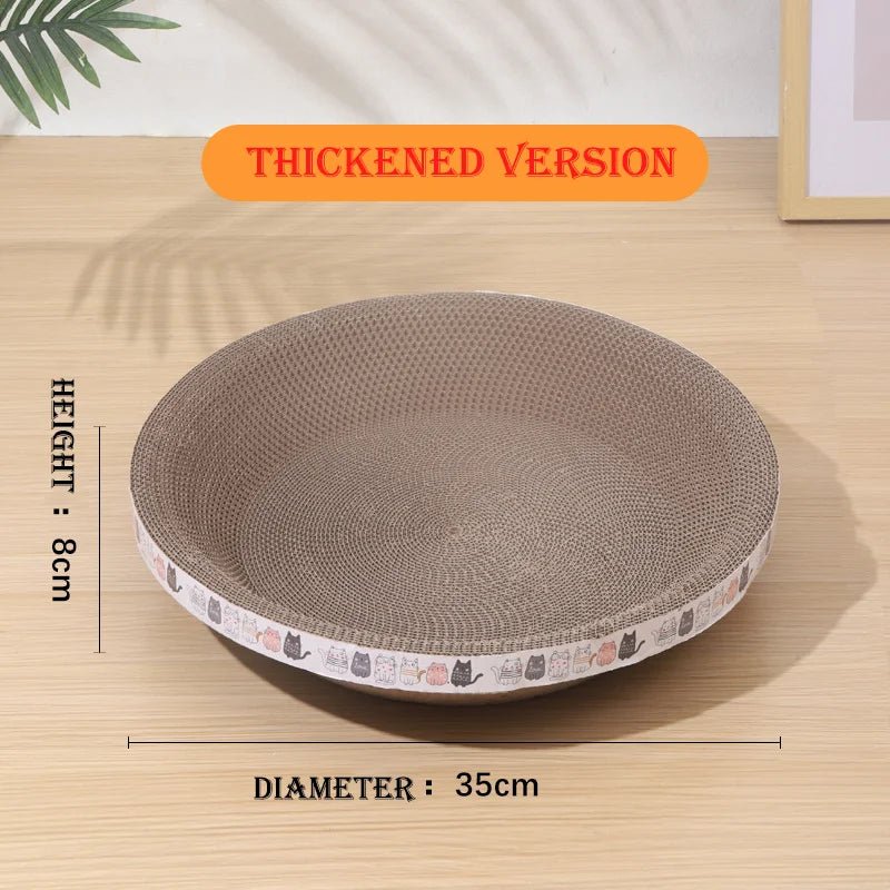 Thickened cat scratcher bed, round cardboard bowl, 35cm diameter, 8cm height, on wood table