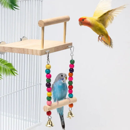 Beaded Bliss Birdie Swing: Wooden Perch & Play Paradise for Parrots and Budgies