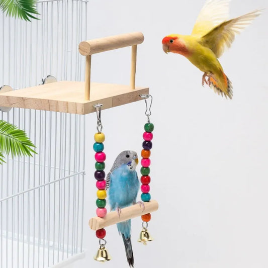 Beaded Bliss Birdie Swing: Wooden Perch & Play Paradise for Parrots and Budgies