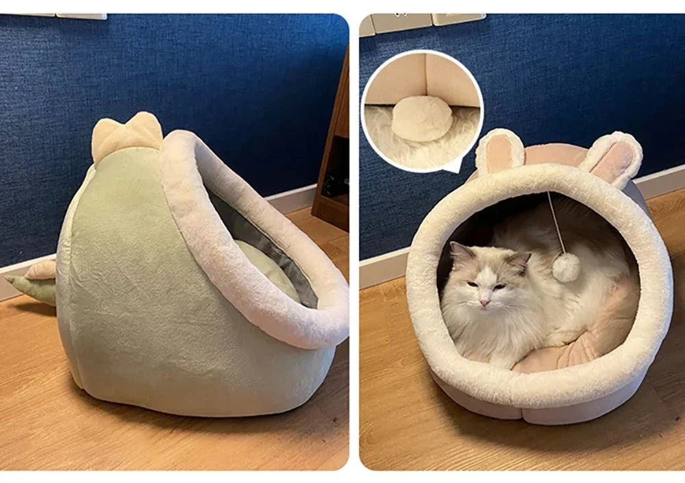 Plush cat bed with bunny ears and tail, fluffy cat inside, cozy pet furniture on wood floor