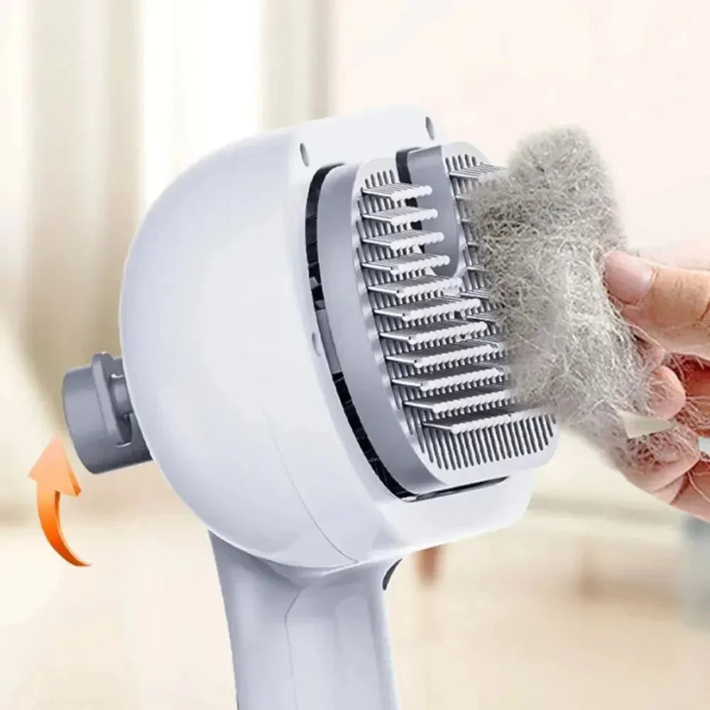 Pet grooming brush with hand removing pet hair from metal bristles, indoor setting