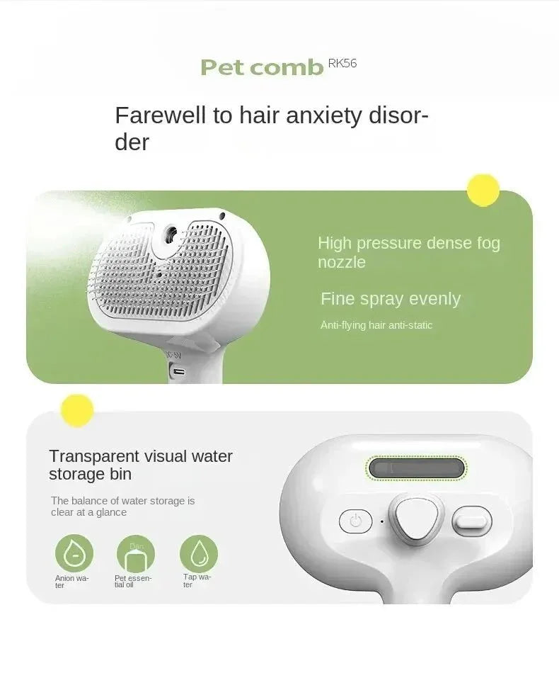 Electric pet comb with mist spray, dense nozzle, and transparent water storage bin