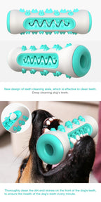 Dog holding turquoise and white dog teeth cleaning toy with bristles and grooves in mouth