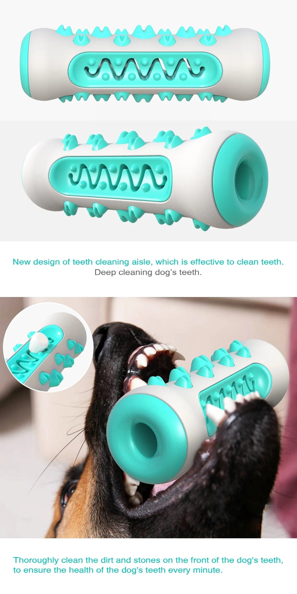 Dog holding turquoise and white dog teeth cleaning toy with bristles and grooves in mouth