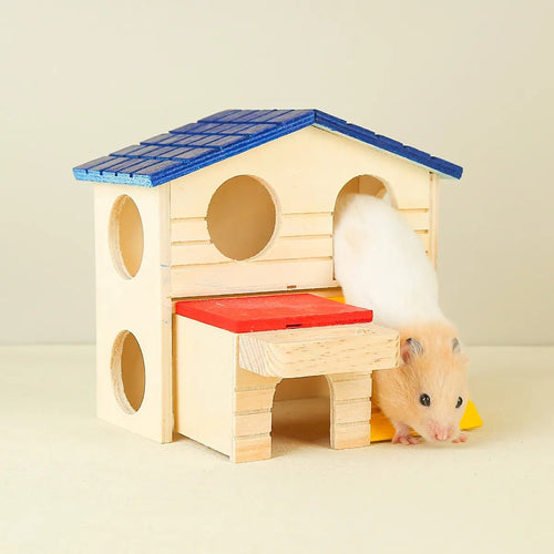 Hamster exiting wooden house with blue roof and red ramp on beige background