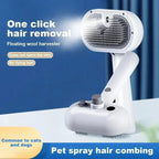 Pet spray hair combing device for cats and dogs, white ergonomic design on blue background