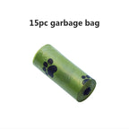 Green 15-piece pet garbage bag roll with black paw print design