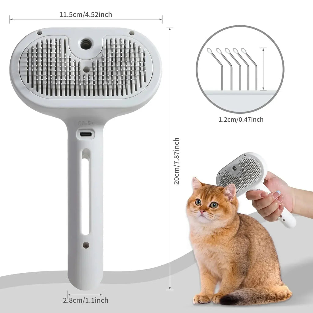 Pet grooming brush with size chart and orange cat, ergonomic self-cleaning cat brush design