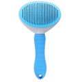 Blue pet grooming brush with ergonomic handle and fine bristles on white background