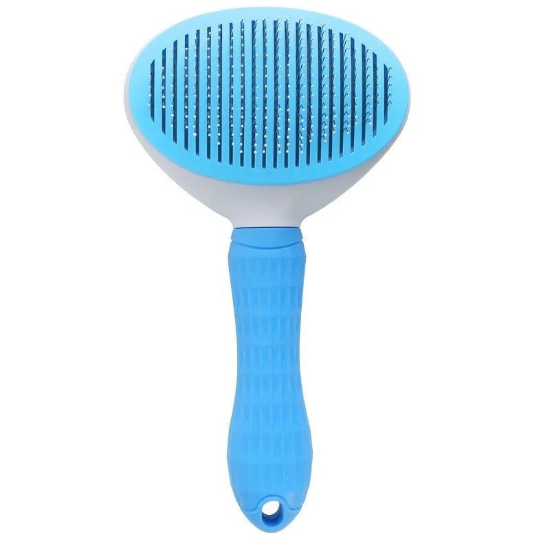 Blue pet grooming brush with ergonomic handle and fine bristles on white background
